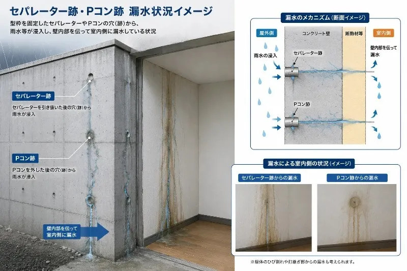 Pコン穴から雨水が浸入して室内側へ漏水する仕組みの図