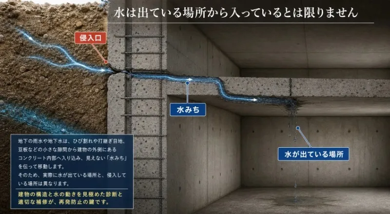 地下水が打継ぎ部へ侵入しコンクリート内部の水みちを通って漏水する仕組み