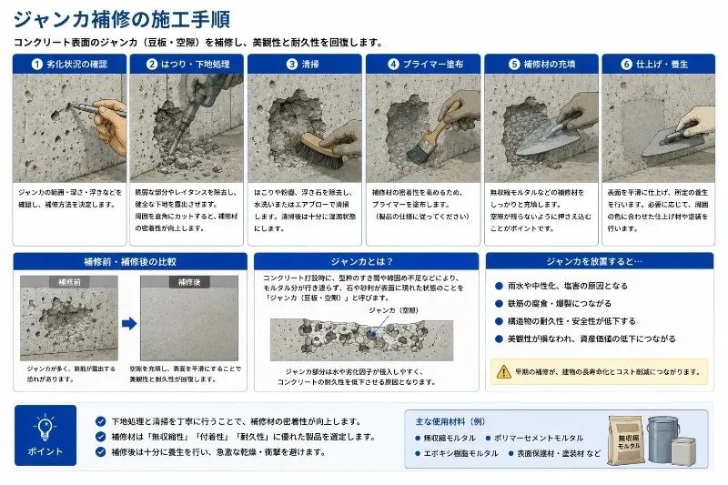 ジャンカ補修で脆弱部を確認し健全部まで除去して断面を復元する流れ